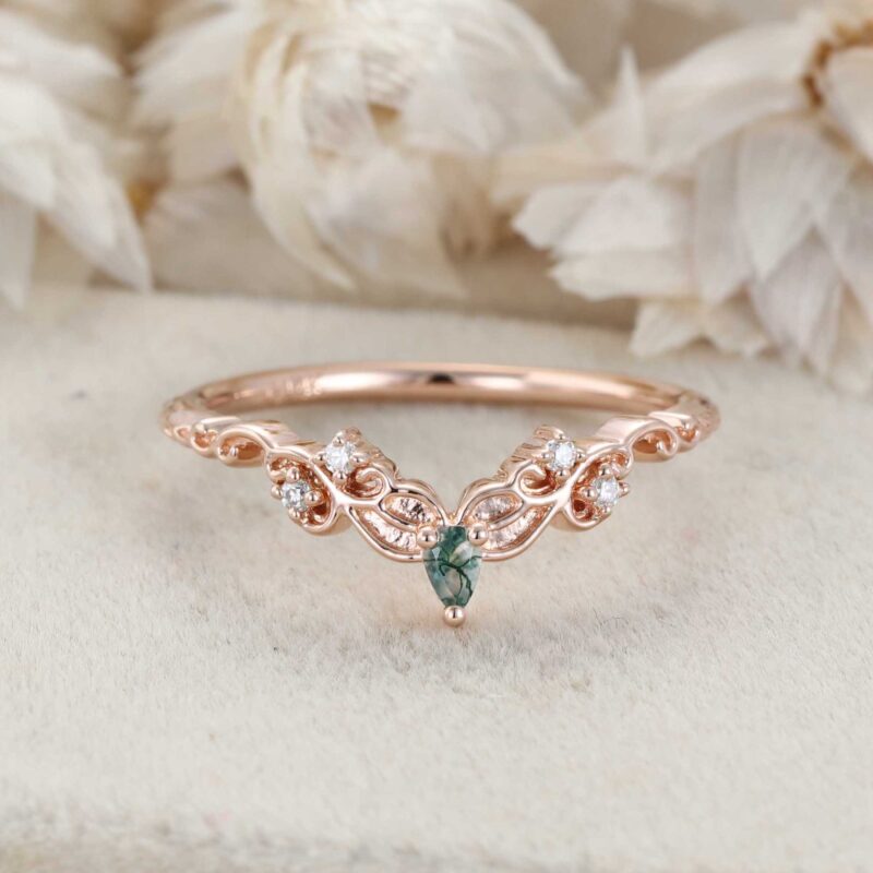 Moss Agate Wedding Band Unique Rose Gold Diamond Curved Wedding Band Filigree Stacking Band Vintage Promise Band Women