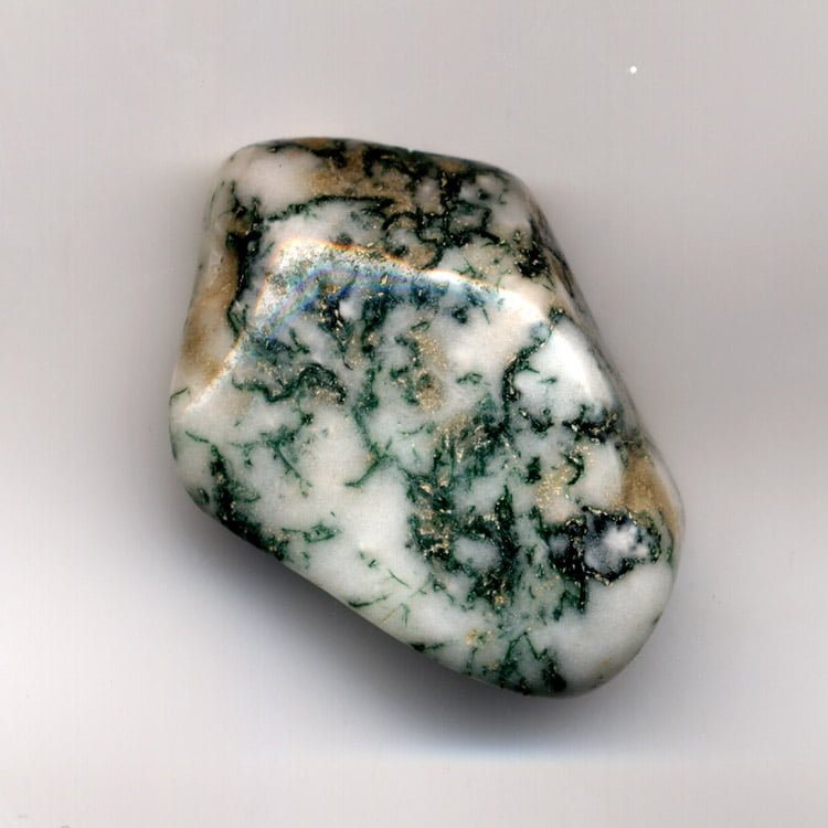 Moss agate pebble, 1 inch (25 mm) long.