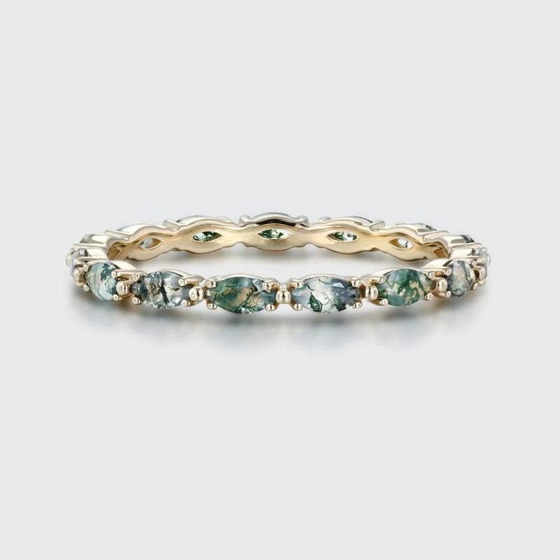 Natura Moss Agate Stacking Wedding Band In 14K Yellow Gold