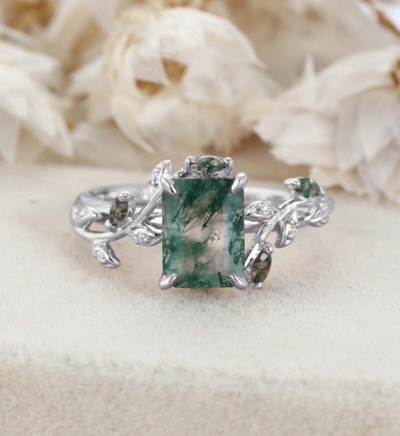 Natural Inspired Emerald Cut Moss Agate Engagement Ring Rose Gold Twist Leaf Ring Branch Anniversary Promise Twist Ring