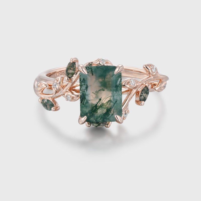 Emerald Cut Moss Agate Promise Ring in Rose Gold with Twist Leaf and Branch Design, Nature-Inspired Anniversary Gift.