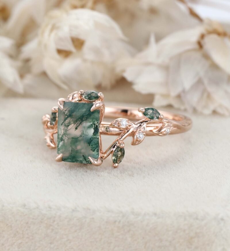 Natural Inspired Emerald Cut Moss Agate Engagement Ring Rose Gold Twist Leaf Ring Branch Anniversary Promise Twist Ring