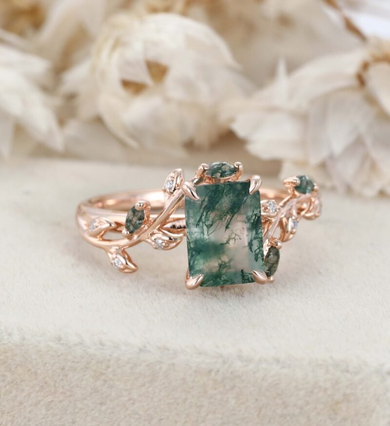 Natural Inspired Emerald Cut Moss Agate Engagement Ring Rose Gold Twist Leaf Ring Branch Anniversary Promise Twist Ring