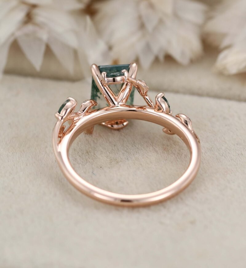 Natural Inspired Emerald Cut Moss Agate Engagement Ring Rose Gold Twist Leaf Ring Branch Anniversary Promise Twist Ring