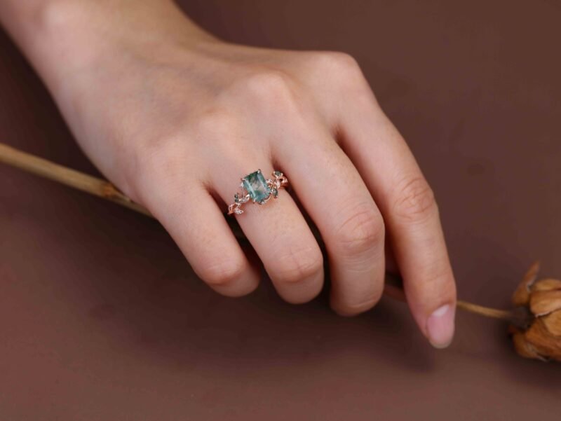 Natural Inspired Emerald Cut Moss Agate Engagement Ring Rose Gold Twist Leaf Ring Branch Anniversary Promise Twist Ring