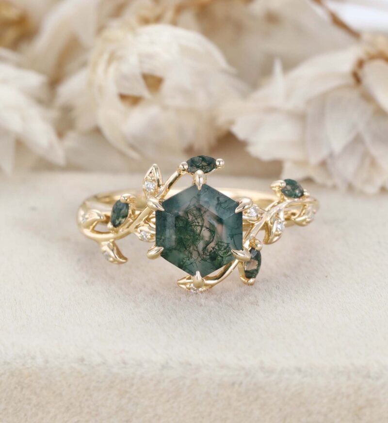 Natural Inspired Hexagon Cut Moss Agate Engagement Ring Rose Gold Twist Leaf Ring Branch Anniversary Promise Twist Ring