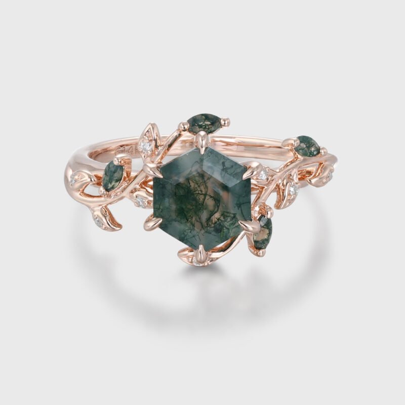 Natural Inspired Hexagon Cut Moss Agate Engagement Ring Rose Gold Twist Leaf Ring Branch Anniversary Promise Twist Ring