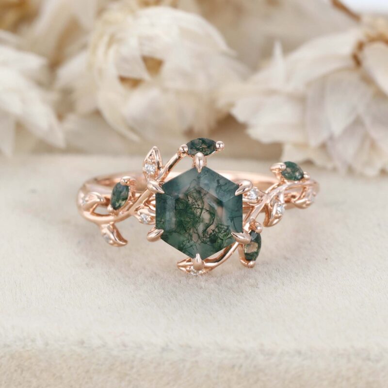 Natural Inspired Hexagon Cut Moss Agate Engagement Ring Rose Gold Twist Leaf Ring Branch Anniversary Promise Twist Ring