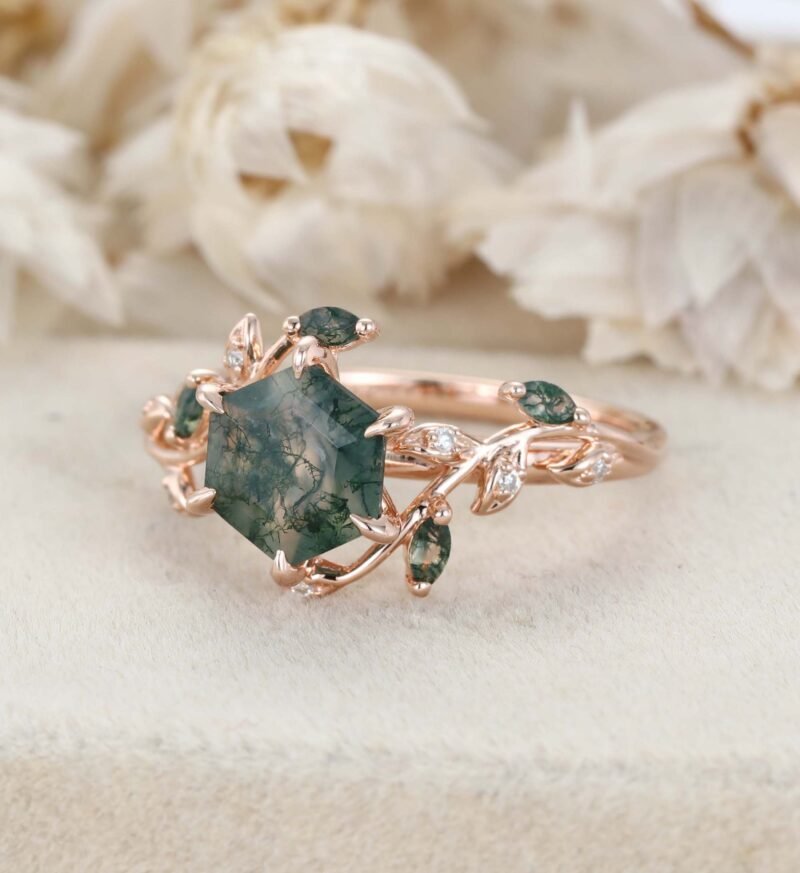 Natural Inspired Hexagon Cut Moss Agate Engagement Ring Rose Gold Twist Leaf Ring Branch Anniversary Promise Twist Ring