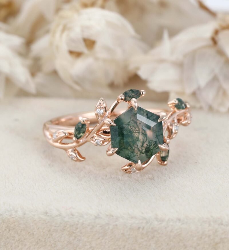 Natural Inspired Hexagon Cut Moss Agate Engagement Ring Rose Gold Twist Leaf Ring Branch Anniversary Promise Twist Ring