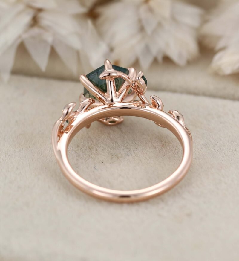 Natural Inspired Hexagon Cut Moss Agate Engagement Ring Rose Gold Twist Leaf Ring Branch Anniversary Promise Twist Ring