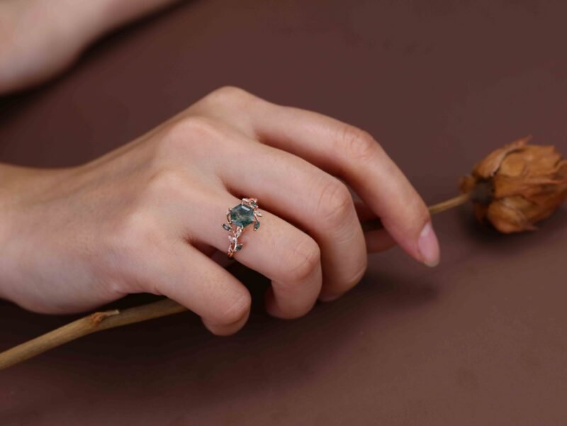 Natural Inspired Hexagon Cut Moss Agate Engagement Ring Rose Gold Twist Leaf Ring Branch Anniversary Promise Twist Ring