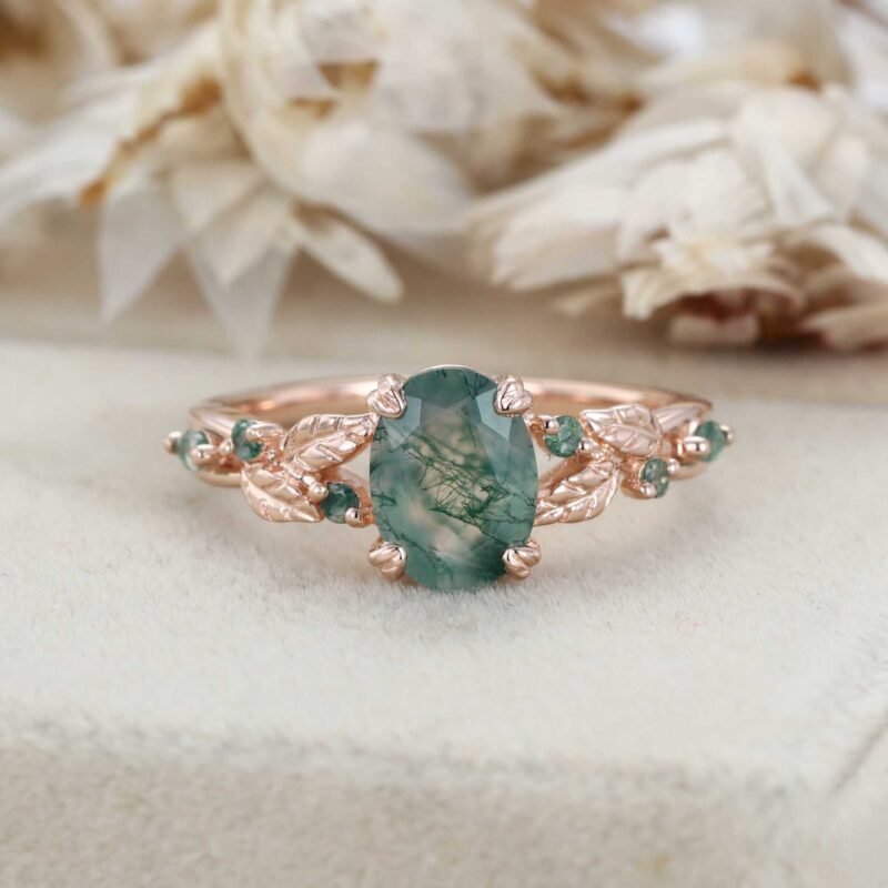 Natural Inspired Oval cut Moss Agate Engagement Ring Rose Gold Marquise Moss Agate Ring Twist Leaf Ring Anniversary Promise Twist Ring