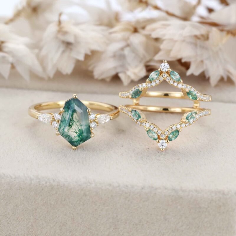 Natural Moss Agate Engagement Ring Set 14K Solid Gold Hexagon Geometric Moss Agate Ring Enhancer Moissanite Wedding Bridal Set