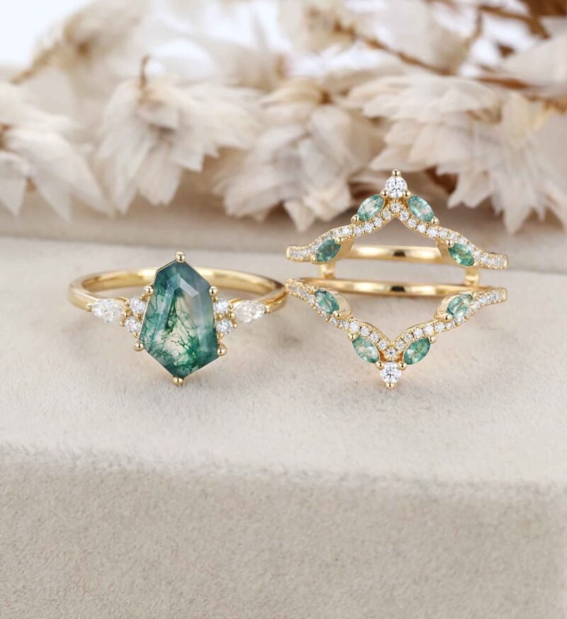 Natural Moss Agate Engagement Ring Set 14K Solid Gold Hexagon Geometric Moss Agate Ring Enhancer Moissanite Wedding Bridal Set