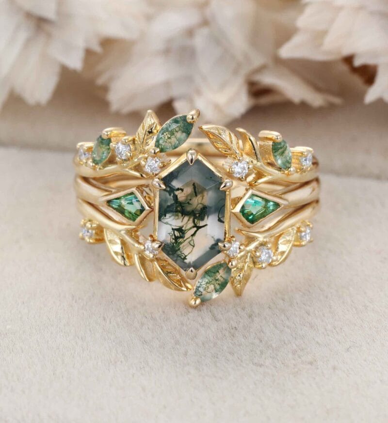 Natural Moss Agate Engagement Ring Set 14k Gold Nature Leaf Moissanite Promise Rings For Women Kite Cut Emerald Wedding Ring