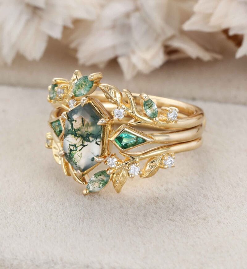 Natural Moss Agate Engagement Ring Set 14k Gold Nature Leaf Moissanite Promise Rings For Women Kite Cut Emerald Wedding Ring