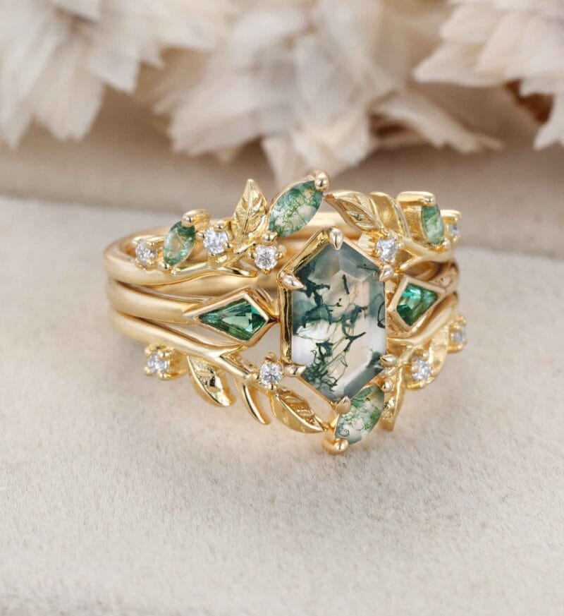 Natural Moss Agate Engagement Ring Set 14k Gold Nature Leaf Moissanite Promise Rings For Women Kite Cut Emerald Wedding Ring