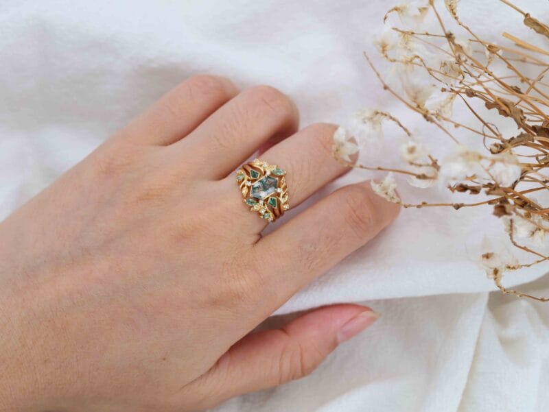 Natural Moss Agate Engagement Ring Set 14k Gold Nature Leaf Moissanite Promise Rings For Women Kite Cut Emerald Wedding Ring