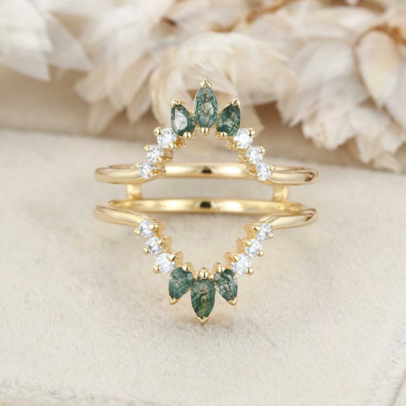 Natural Moss Agate Ring Enhancer Solid Gold Diamonds Double Curved Wedding Band Stacking Matching Moss Agate Promise Rings For Women