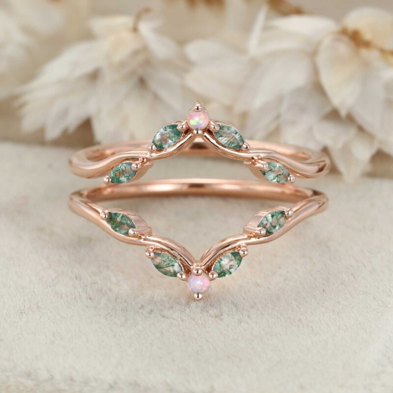 Natural Moss Agate Wedding Band Unique Rose Gold Opal Enhancer Ring Double Marquise Curved Wedding Ring