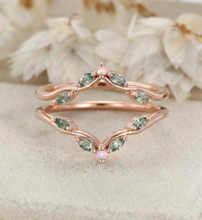 Natural Moss Agate Wedding Band Unique Rose Gold Opal Enhancer Ring Double Marquise Curved Wedding Ring