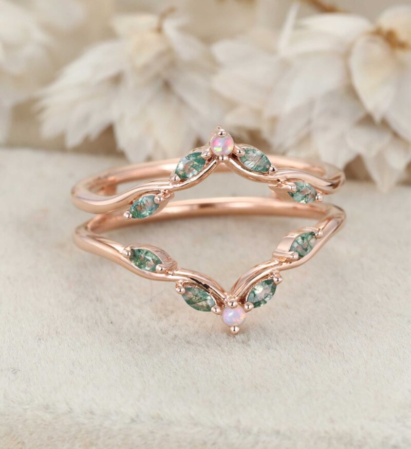 Natural Moss Agate Wedding Band Unique Rose Gold Opal Enhancer Ring Double Marquise Curved Wedding Ring