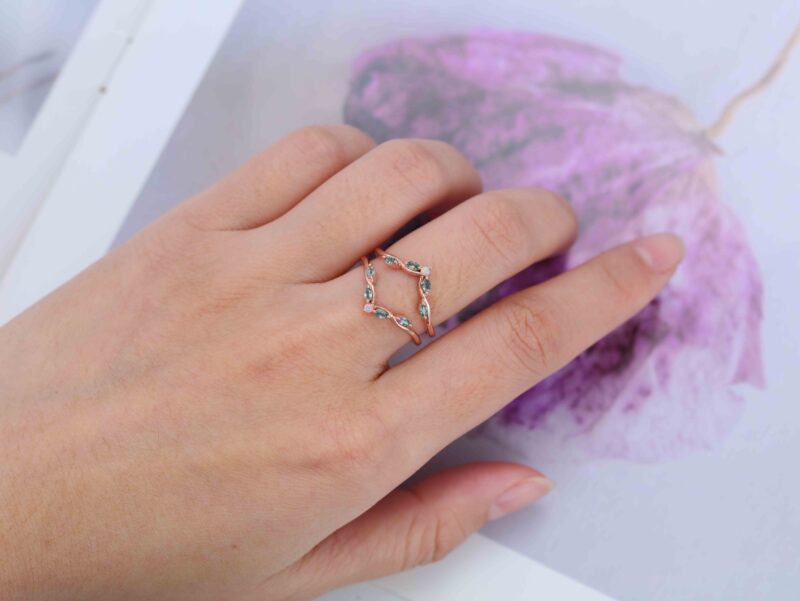 Natural Moss Agate Wedding Band Unique Rose Gold Opal Enhancer Ring Double Marquise Curved Wedding Ring