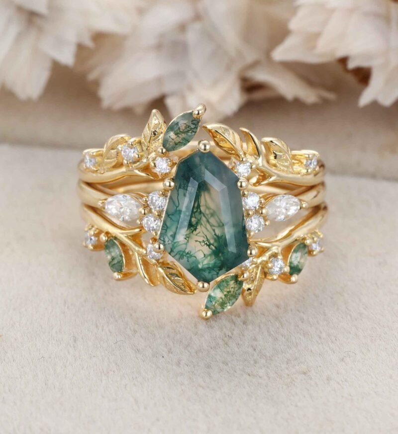 Natural Moss agate Engagement Ring Set Unique Hexagon Geometric Shape Engagement Ring Diamond Wedding Ring Bridal Anniversary Ring Gift Women