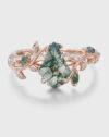 Nature-Inspired Kite Cut Moss Agate Promise Ring, Vintage Rose Gold Twist Leaf Anniversary Band