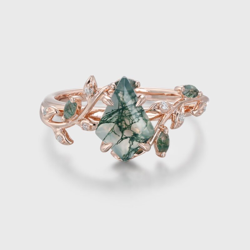 Nature Inspired Kite Cut Moss Agate Engagement Ring Vintage Rose Gold Twist leaf Anniversary Band