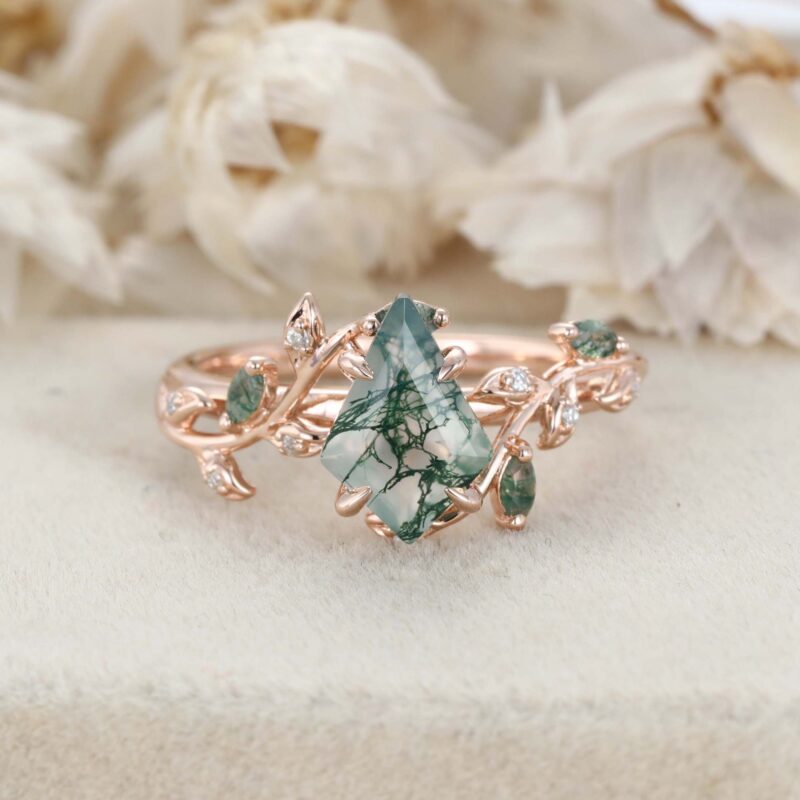 Nature Inspired Kite Cut Moss Agate Engagement Ring Vintage Rose Gold Twist leaf Anniversary Band