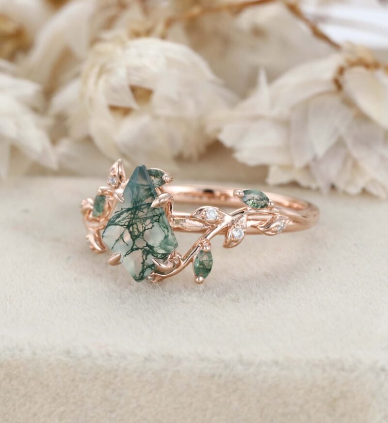 Nature Inspired Kite Cut Moss Agate Engagement Ring Vintage Rose Gold Twist leaf Anniversary Band