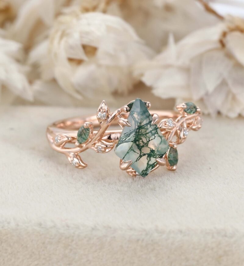 Nature Inspired Kite Cut Moss Agate Engagement Ring Vintage Rose Gold Twist leaf Anniversary Band