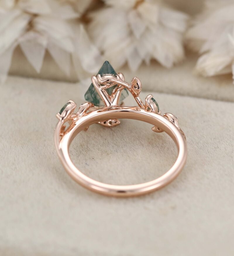 Nature Inspired Kite Cut Moss Agate Engagement Ring Vintage Rose Gold Twist leaf Anniversary Band