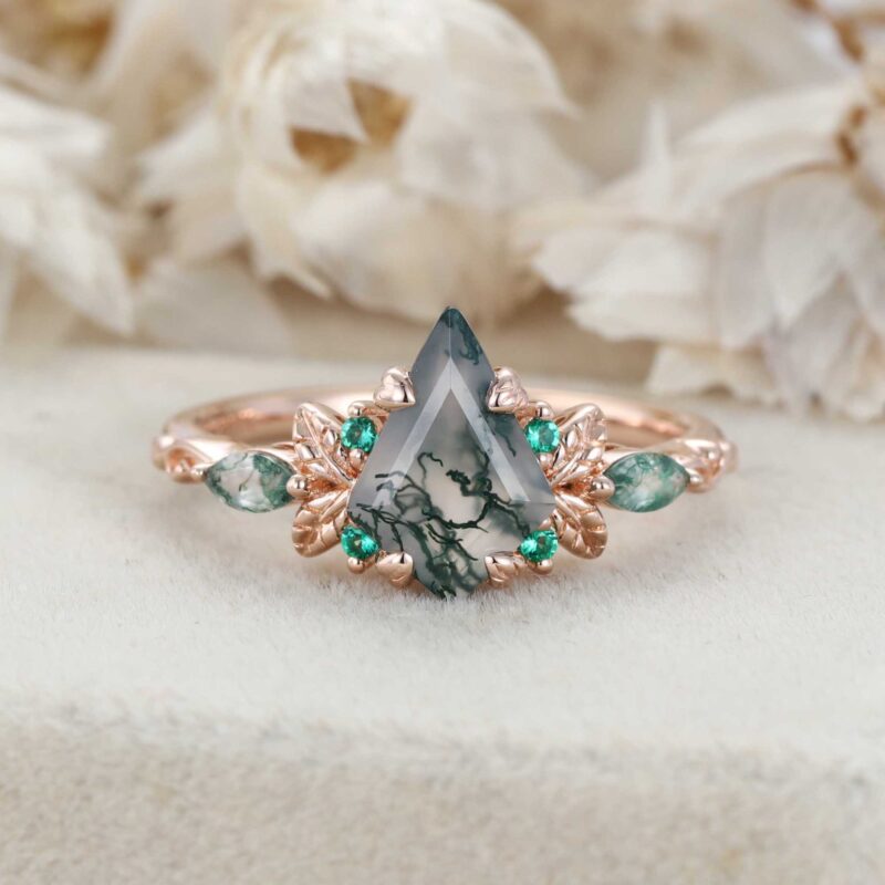 Nature Inspired Kite Cut Moss agate engagement ring Vintage Rose gold Moss+Lab Emeralds engagement ring