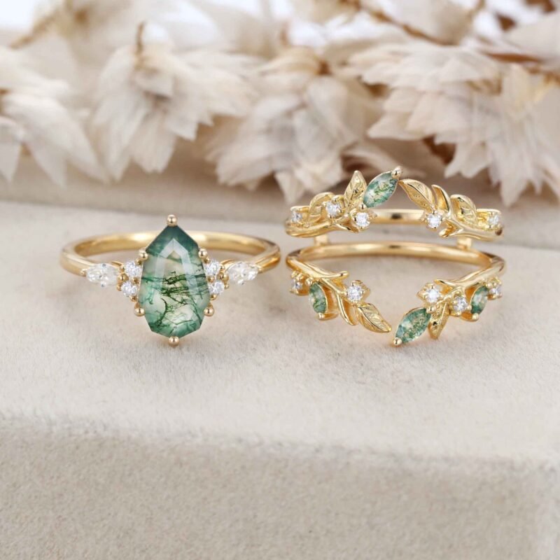 Nature Inspired Leaf Moss Agate Engagement Ring Set Yellow Gold Moss Agate Ring Enhancer Moss Agate Wedding Ring Set Custom Promise Ring Set