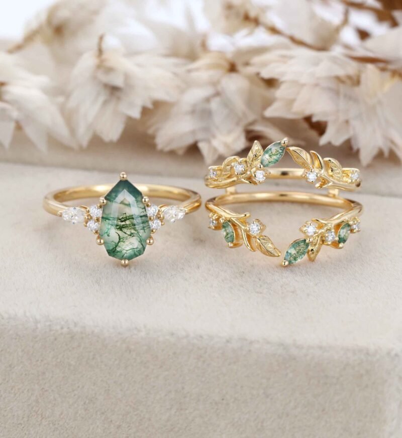 Nature Inspired Leaf Moss Agate Engagement Ring Set Yellow Gold Moss Agate Ring Enhancer Moss Agate Wedding Ring Set Custom Promise Ring Set