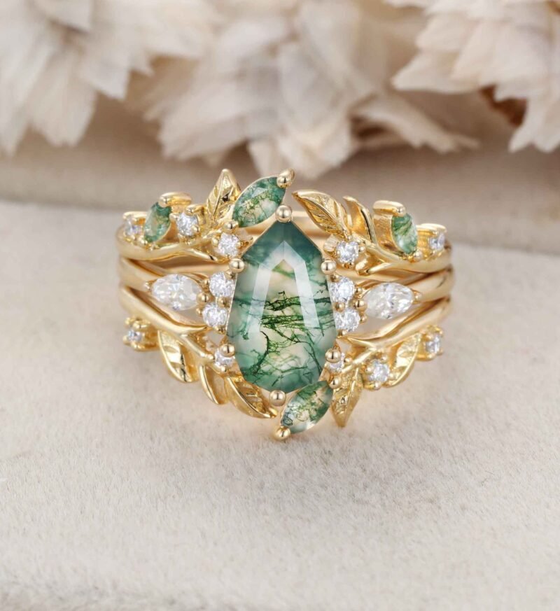 Nature Inspired Leaf Moss Agate Engagement Ring Set Yellow Gold Moss Agate Ring Enhancer Moss Agate Wedding Ring Set Custom Promise Ring Set