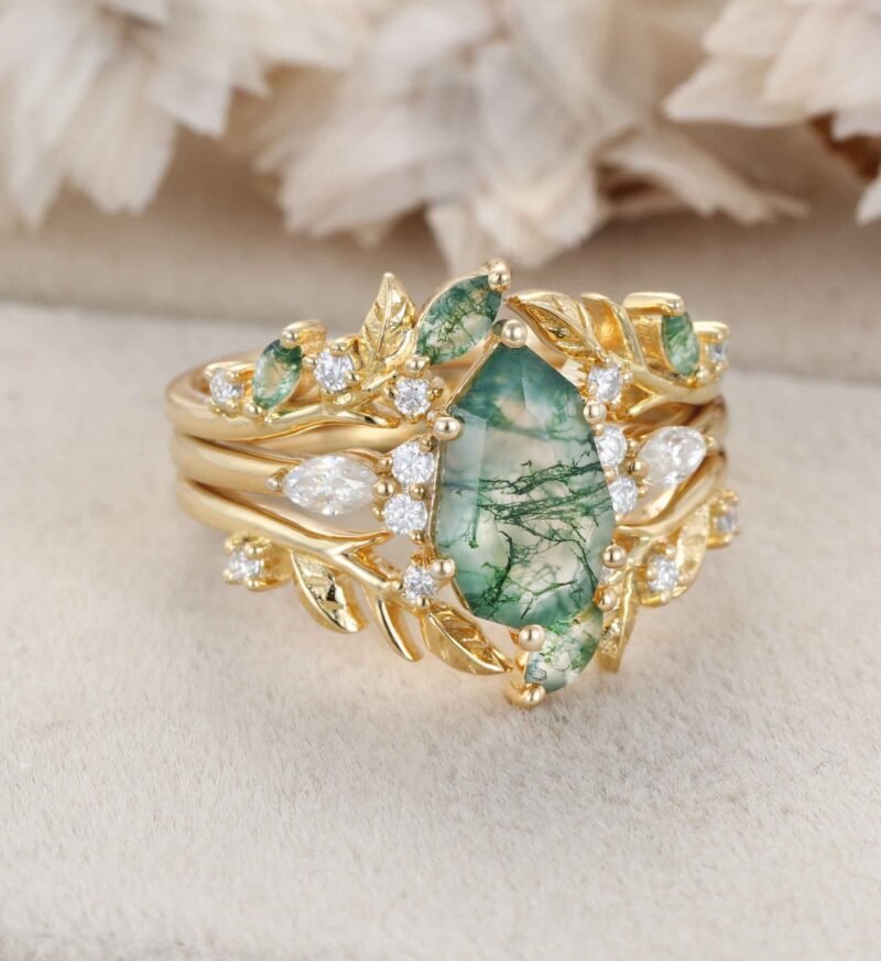 Nature Inspired Leaf Moss Agate Engagement Ring Set Yellow Gold Moss Agate Ring Enhancer Moss Agate Wedding Ring Set Custom Promise Ring Set