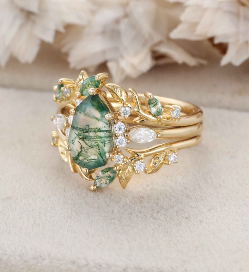 Nature Inspired Leaf Moss Agate Engagement Ring Set Yellow Gold Moss Agate Ring Enhancer Moss Agate Wedding Ring Set Custom Promise Ring Set