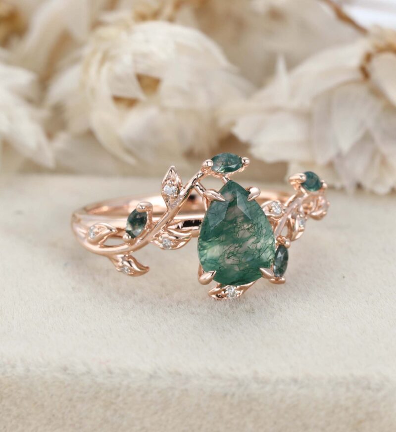 Nature Inspired Pear Cut Moss Agate Engagement Ring Vintage Rose Gold Twist leaf Anniversary Gift Ring