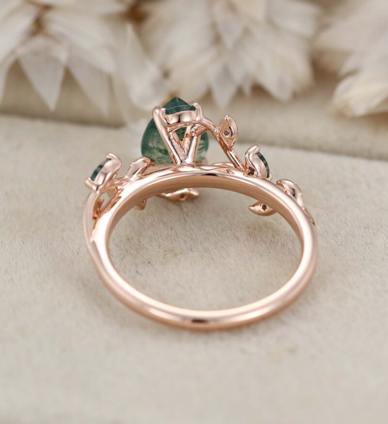 Nature Inspired Pear Cut Moss Agate Engagement Ring Vintage Rose Gold Twist leaf Anniversary Gift Ring