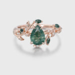 Nature-Inspired Pear Cut Moss Agate Promise Ring – Vintage Rose Gold Twist Leaf Design Anniversary Gift