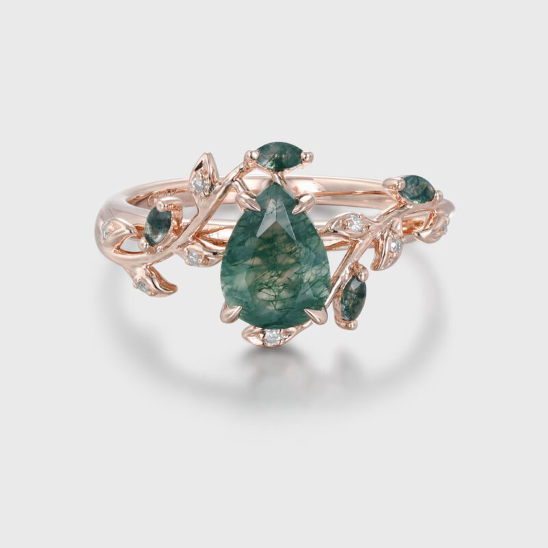 Nature Inspired Pear Cut Moss Agate Engagement Ring Vintage Rose Gold Twist leaf Anniversary Gift Ring