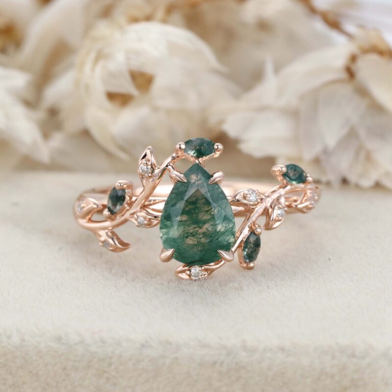 Nature Inspired Pear Cut Moss Agate Engagement Ring Vintage Rose Gold Twist leaf Anniversary Gift Ring