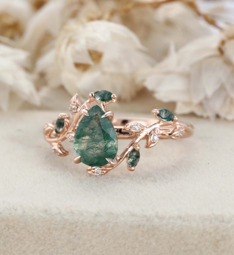 Nature Inspired Pear Cut Moss Agate Engagement Ring Vintage Rose Gold Twist leaf Anniversary Gift Ring