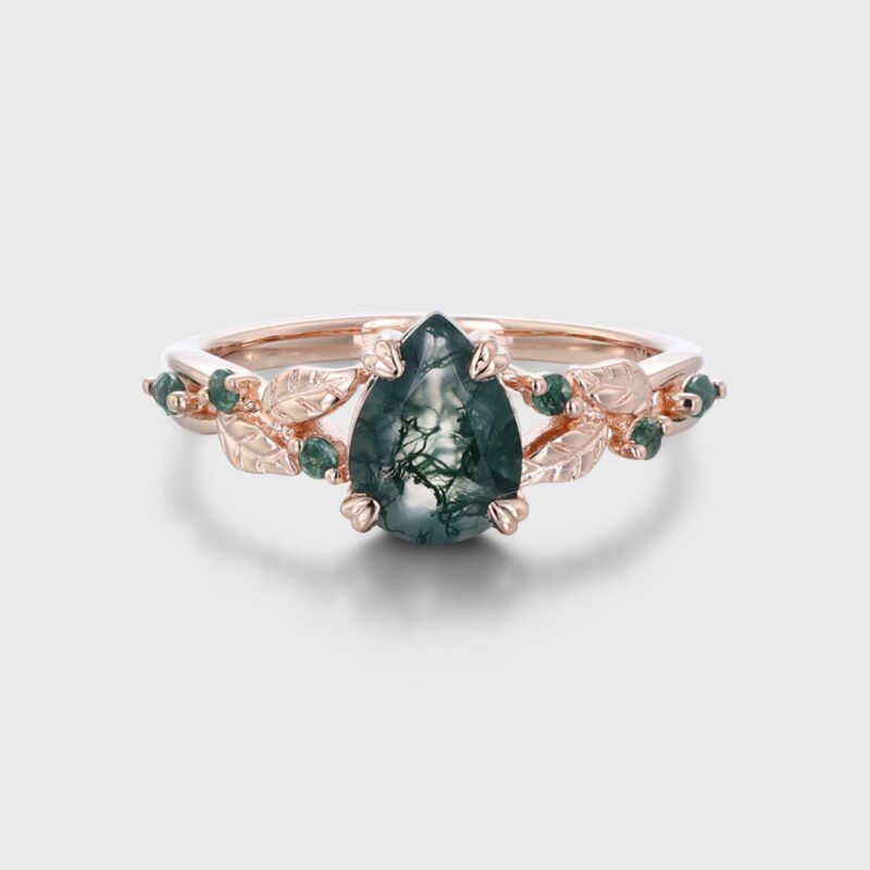 Nature Inspired Pear Cut Moss Agate Engagement Ring Vintage Rose Gold Wedding Ring Twist leaf Anniversary Band Gift