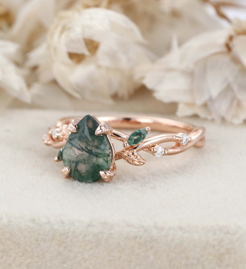 Nature Inspired Pear cut Moss Agate Engagement Ring Vintage Rose Gold Moss Leaf design art deco Ring Wedding Bridal Anniversary Promise Gift