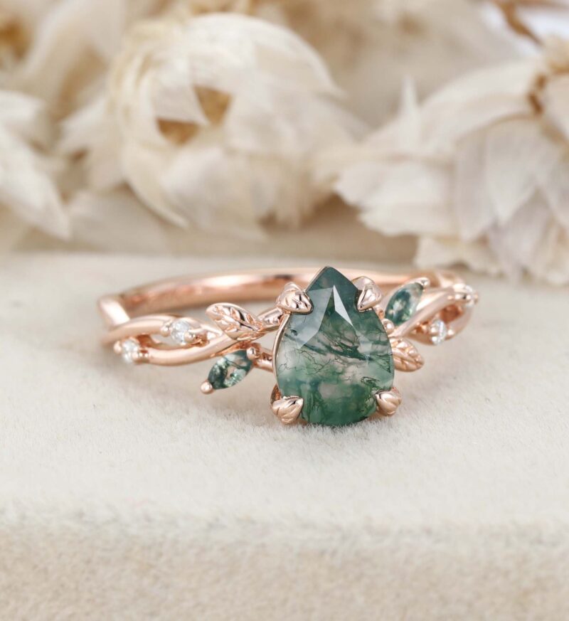 Nature Inspired Pear cut Moss Agate Engagement Ring Vintage Rose Gold Moss Leaf design art deco Ring Wedding Bridal Anniversary Promise Gift